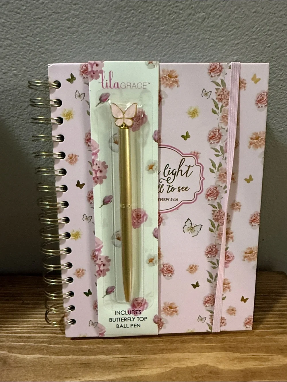 Boutique Pink Floral Notebook with Gold Butterfly Top Pen